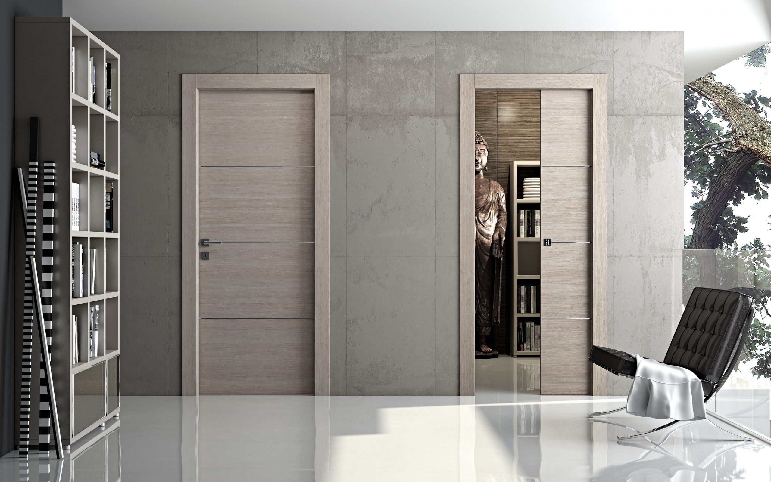 An open wood flat door showing off the spacious and modern interior design.