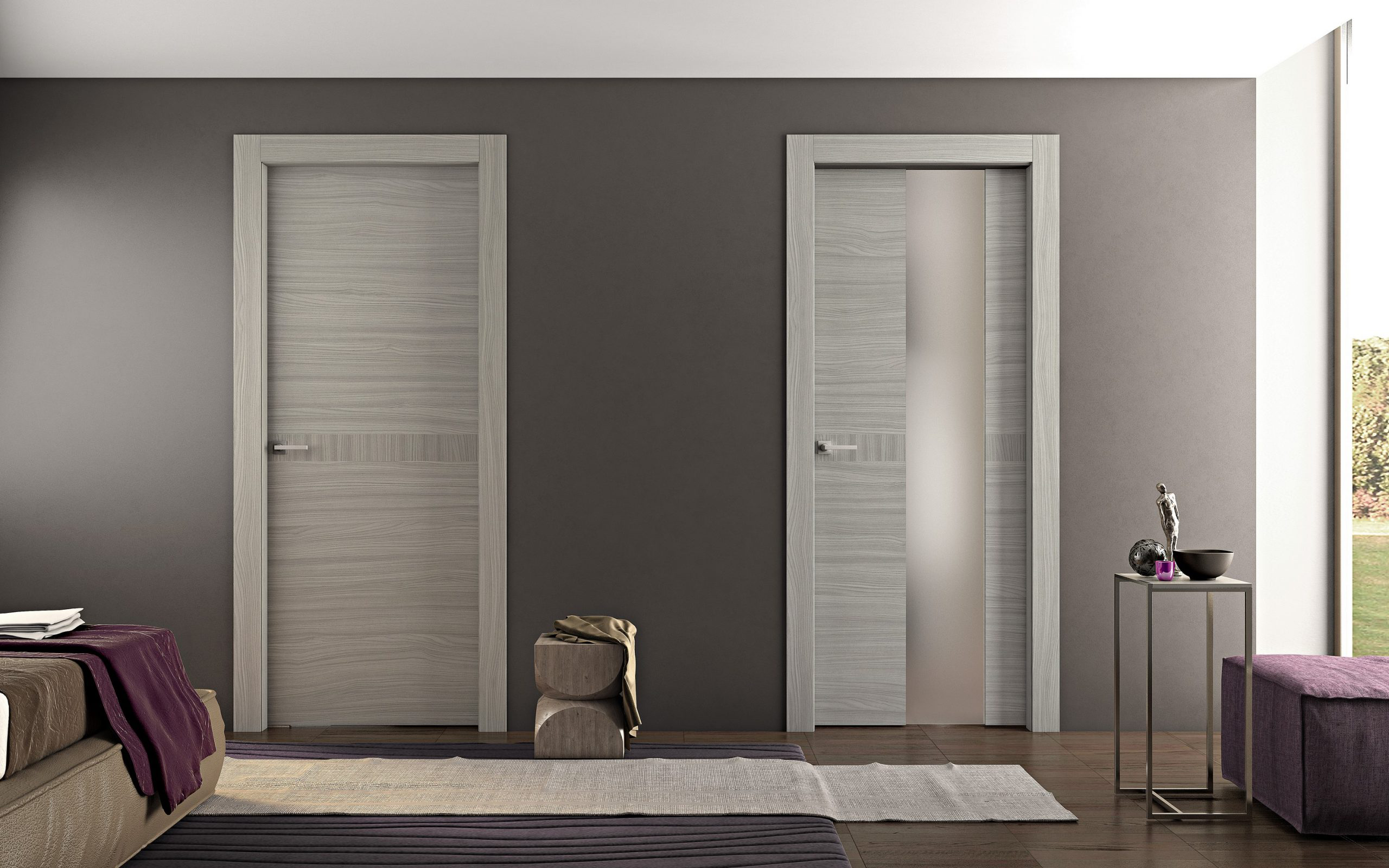 Stylish wood flat door with a clean, smooth surface adding warmth to the hallway.