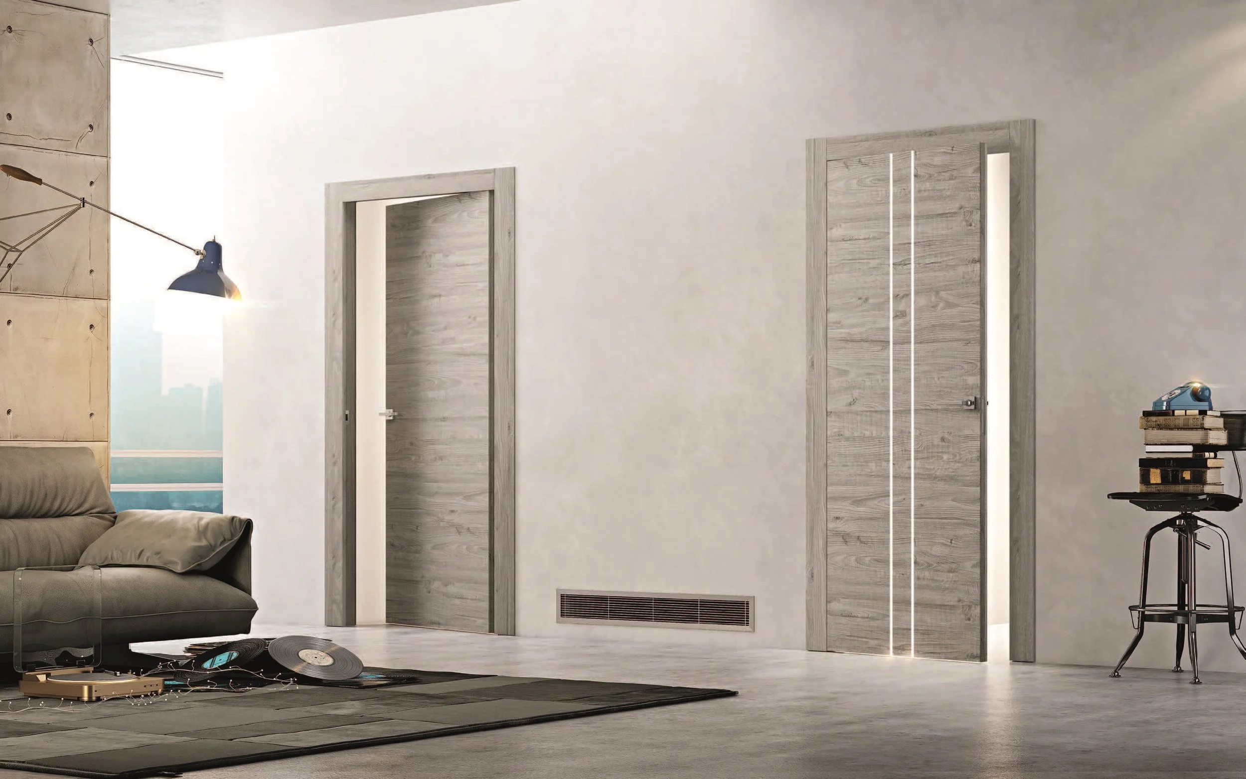 Elegant wood flat door with minimalist hardware in a cozy living room.