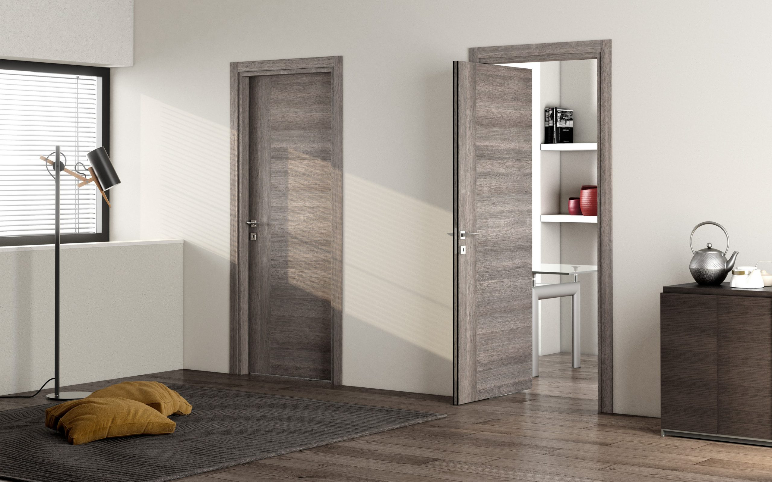 A wood flat door with smooth lines and no adornments for a minimalist look.