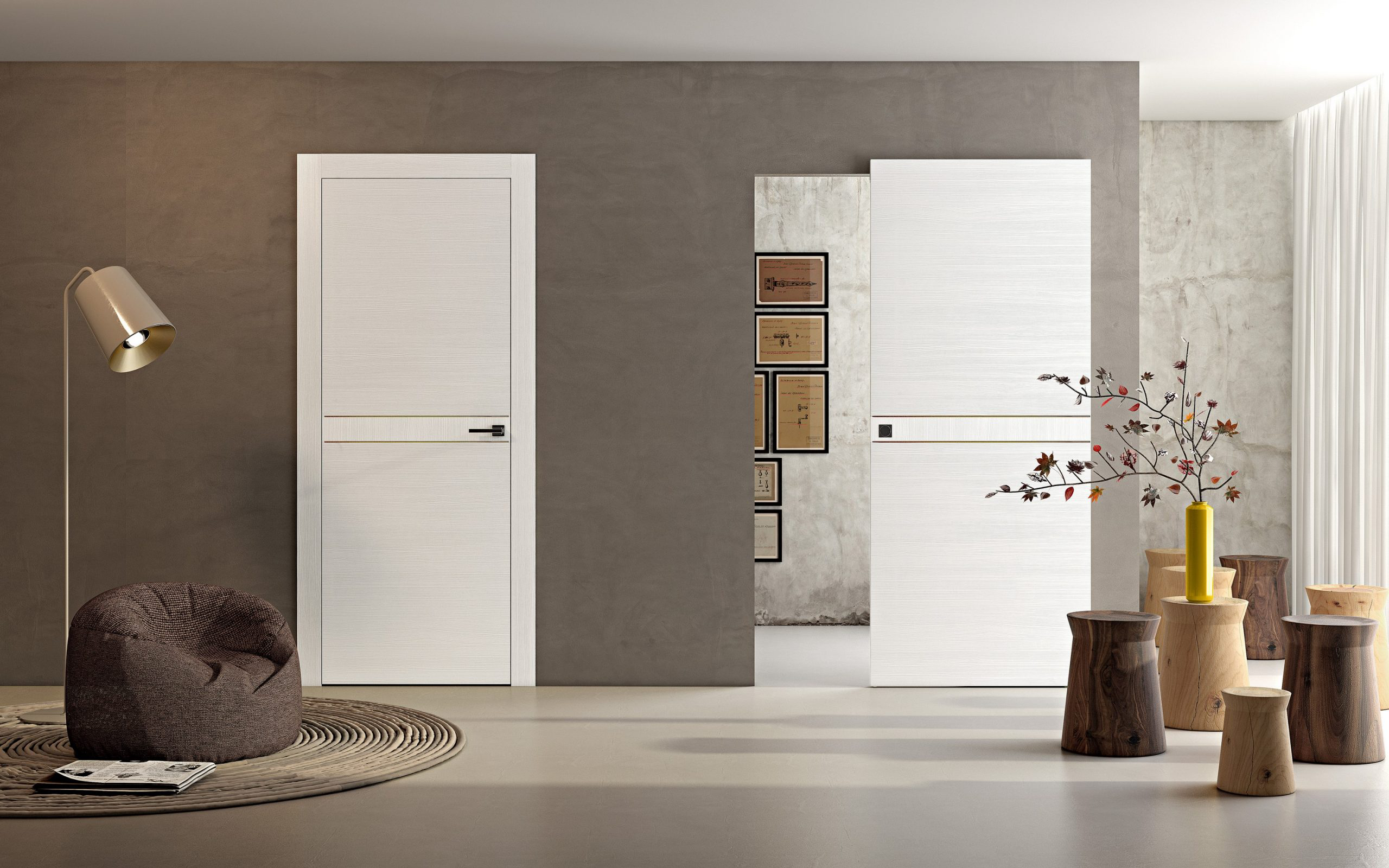 A white-painted wood flat door standing out against dark interior walls.