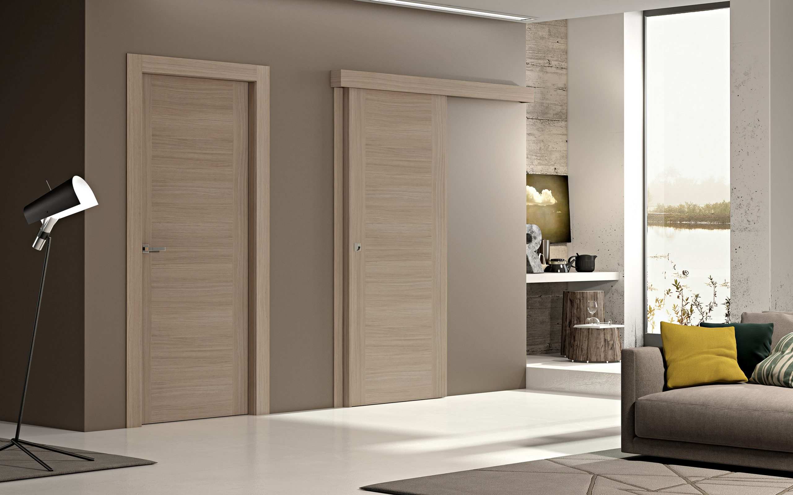 A set of wood flat doors in a stylish open-plan living space.