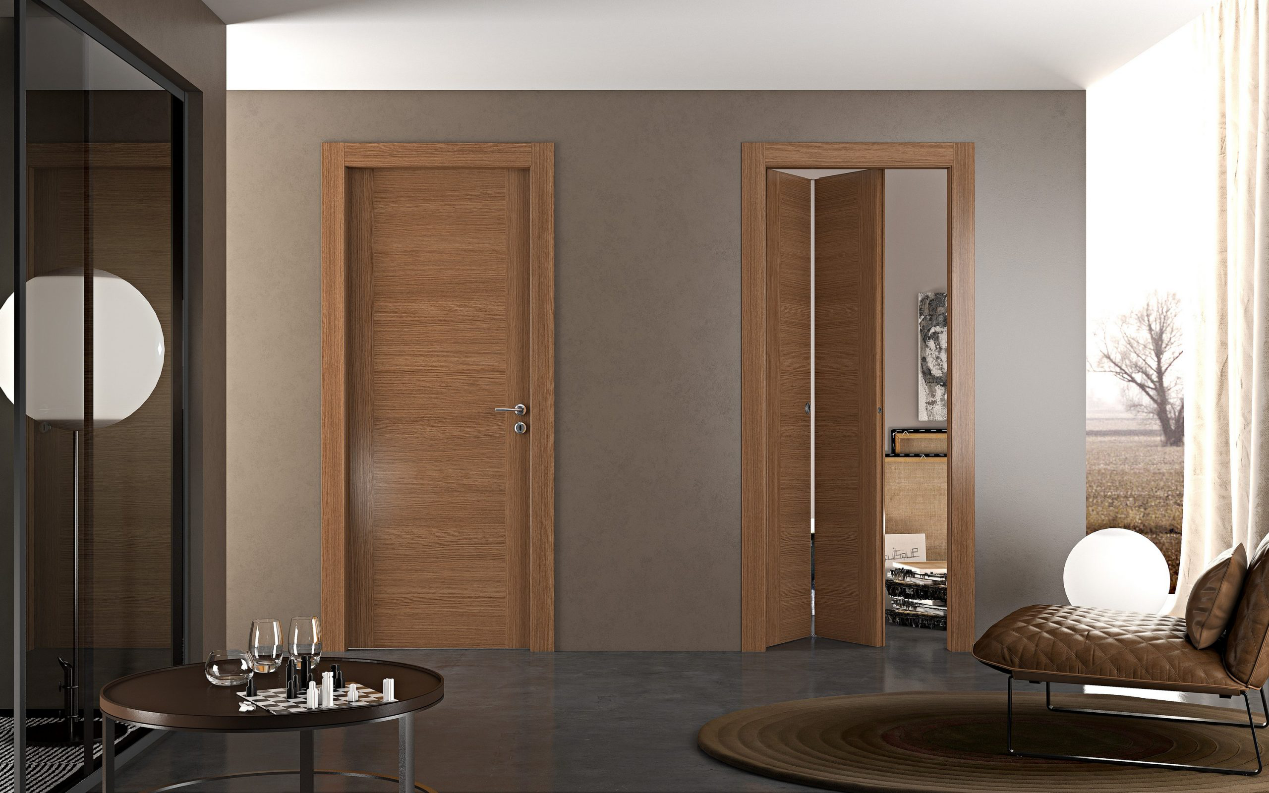 An exquisite wood flat door with a dark stain complementing the contemporary decor.