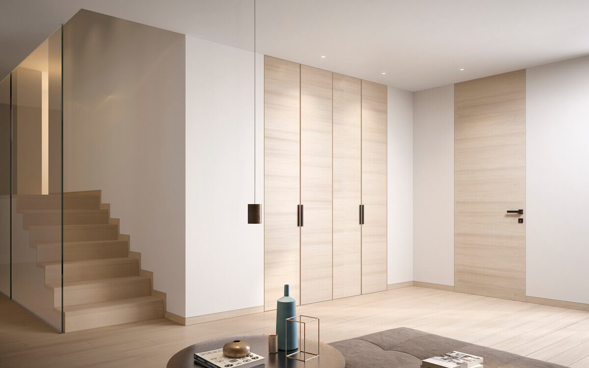 High-end wood Invisible Door with hidden hinges in stylish home interior.