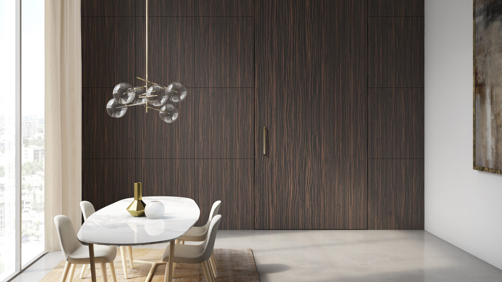 Modern wood Invisible Door blending seamlessly with living room wall paneling.