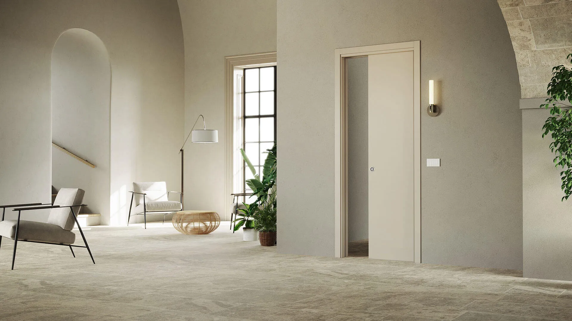 Elegant kitchen entrance with a sliding Pocket Door for a seamless transition.