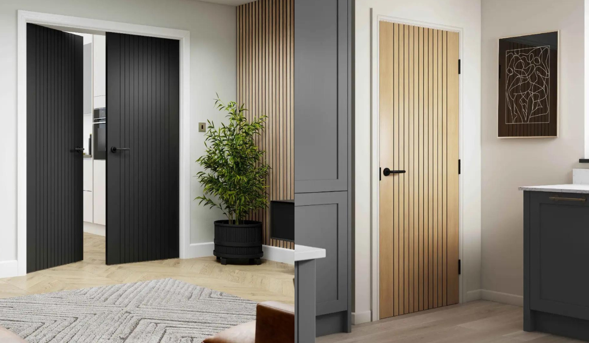 Luxury entryway showcasing a minimalist wood slat door design.