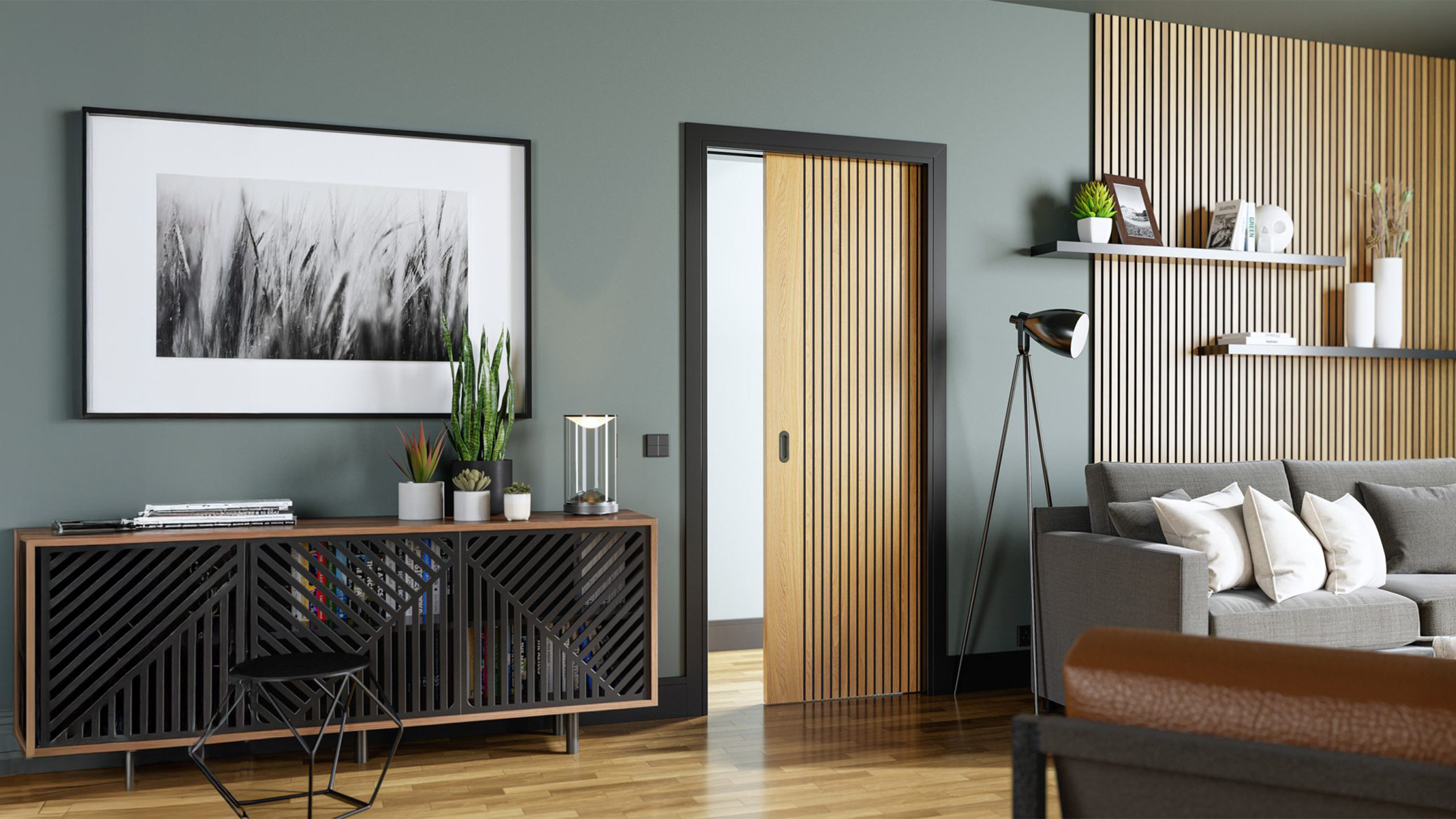 Contemporary living room with a sleek wood slat door divider.
