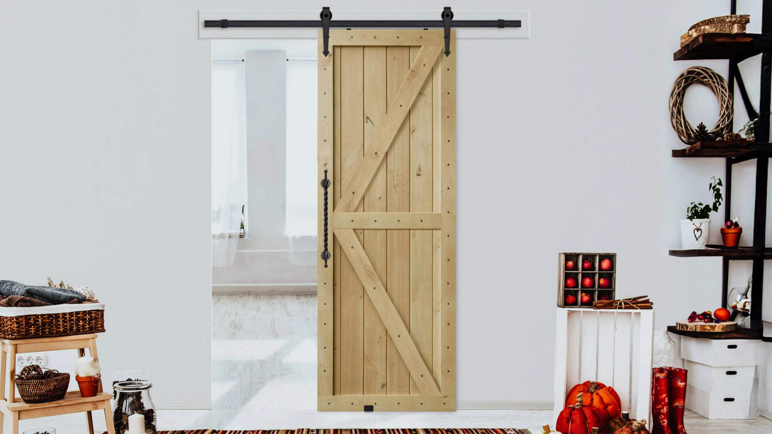 Elegant wood barn door combines durability with stylish space-saving design.