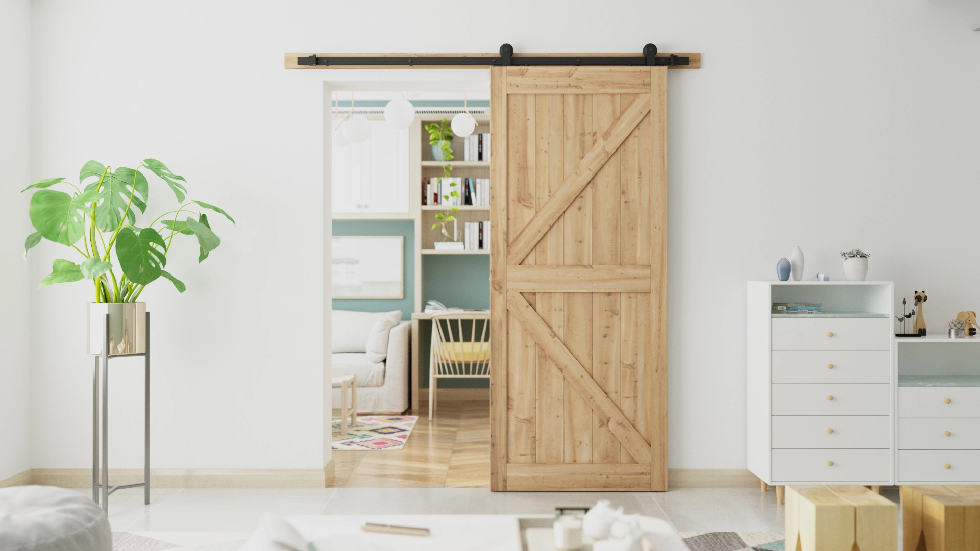 Handcrafted solid wood barn door adding rustic charm to bedroom entrance.