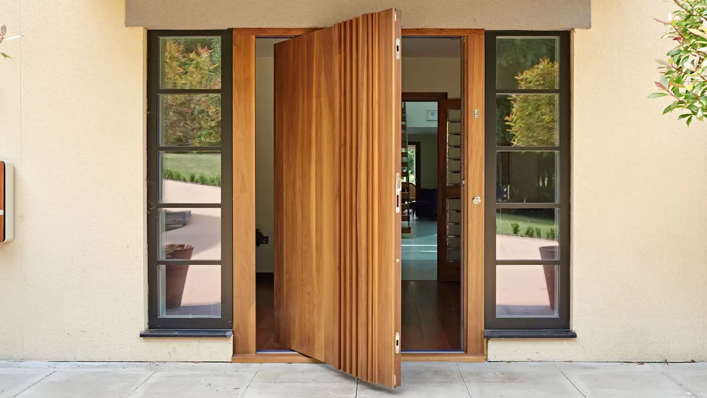 Elegant modern wood front door with sleek vertical panels and natural grain finish.