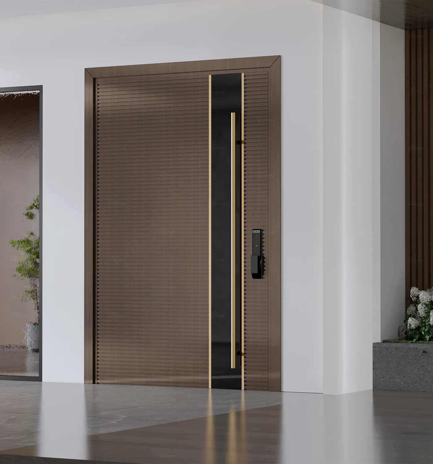 Modern entrance door with sleek design and secure lock for residential homes.